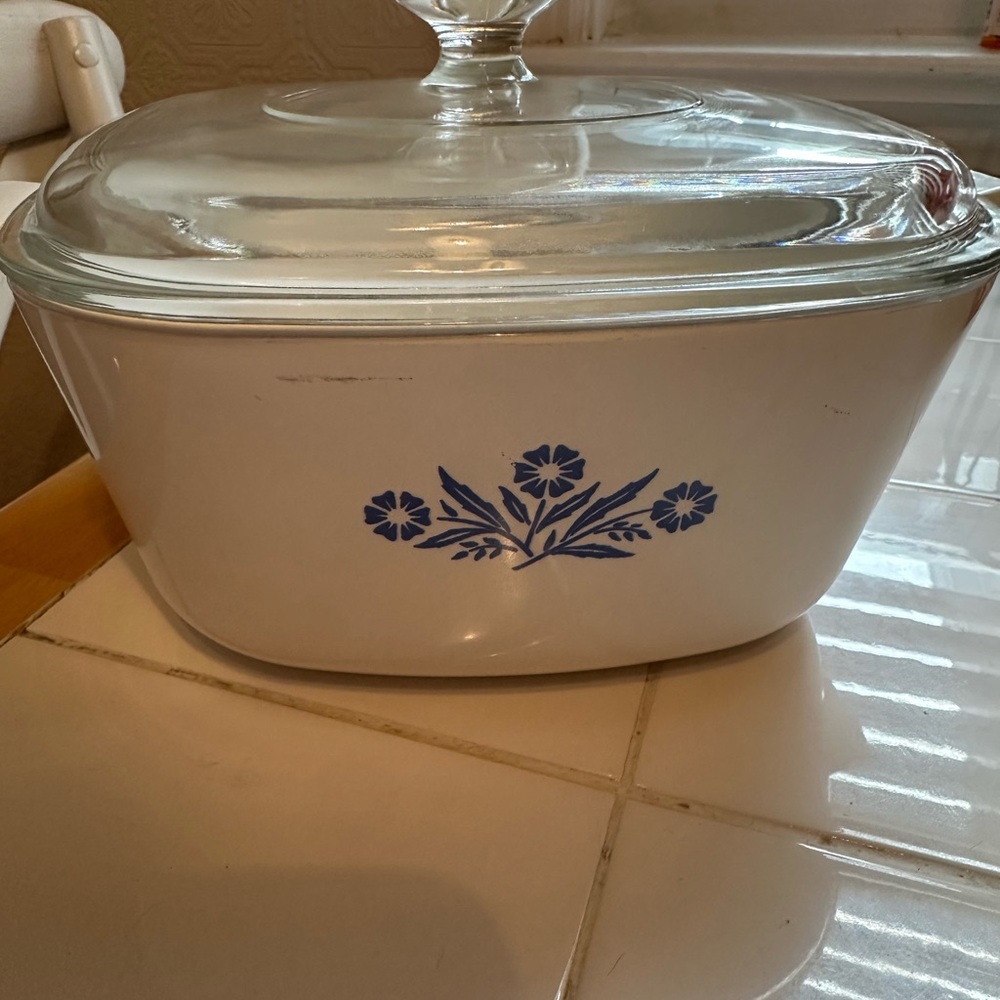 Corningware White Casserole Dish with Blue Floral Design with Glass Lid. Vintage